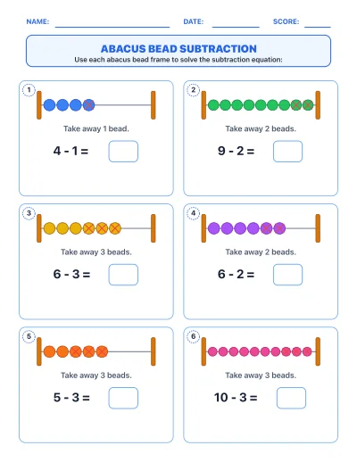 Abacus Bead Subtraction worksheet generator