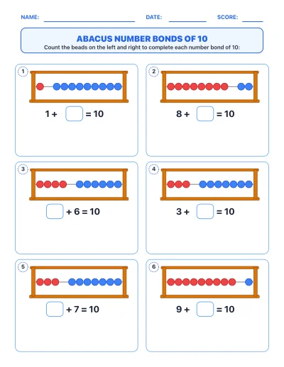 Abacus Number Bonds 10 worksheet generator