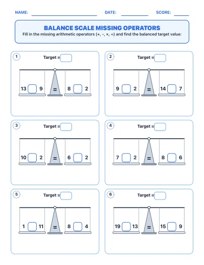 Balance Scale Missing Operators worksheet generator