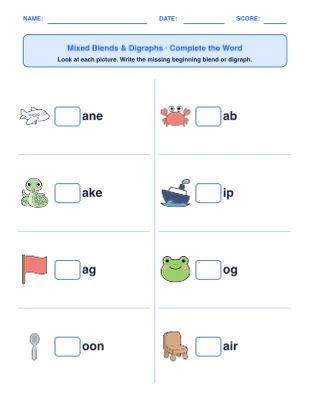 Blends & Digraphs Picture Activities worksheet generator