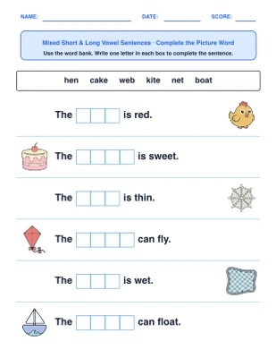 Vowel Picture Sentences worksheet generator