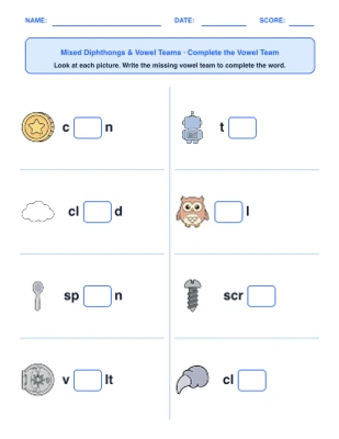Diphthongs & Vowel Teams worksheet generator