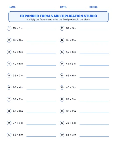 Expanded Form & Multiplication Studio worksheet generator