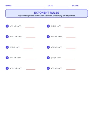 Exponent Rules worksheet generator