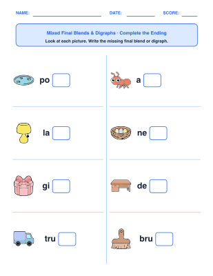 Final Blends & Digraphs worksheet generator