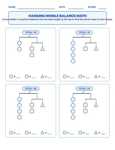 Hanging Mobile Balance Math worksheet generator