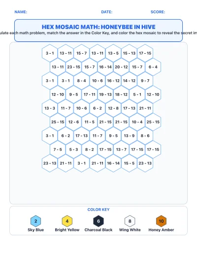 Hex Mosaic Math Color-by-Code worksheet generator