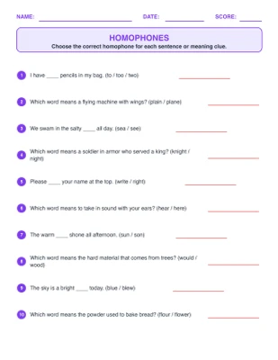 Homophones worksheet generator