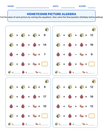 Honeycomb Picture Equation Algebra worksheet generator