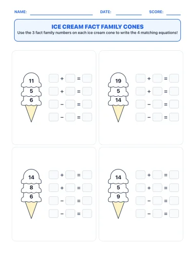 Ice Cream Fact Family Cones worksheet generator