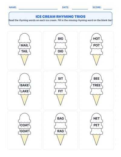 Ice Cream Rhyming Trios worksheet generator