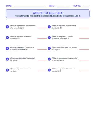 Words to Algebra Translator worksheet generator