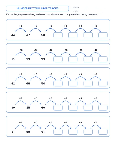 Number Pattern Jump Tracks worksheet generator