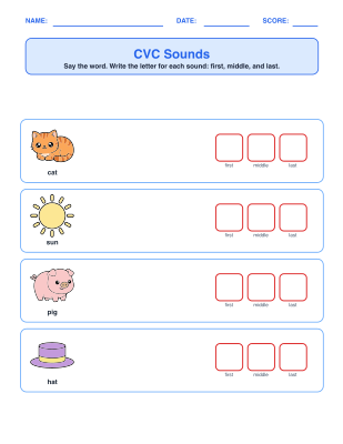 CVC Sound Boxes (RF.K.2) worksheet generator