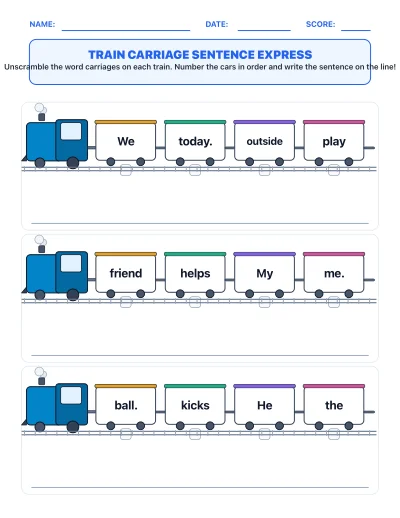 Train Carriage Sentence & Number Express worksheet generator