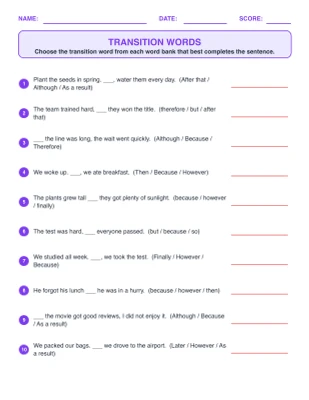 Transition Words worksheet generator