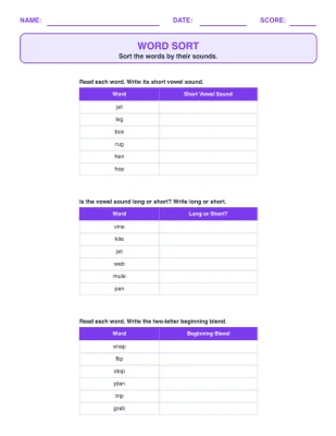 Word Sort worksheet generator